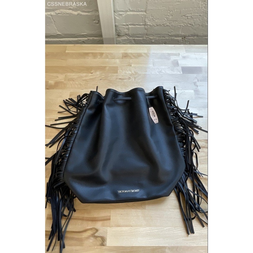 Victoria's‎ Secret Black Pebbled Fringe Drawstring Bucket Shoulder Bag NWT